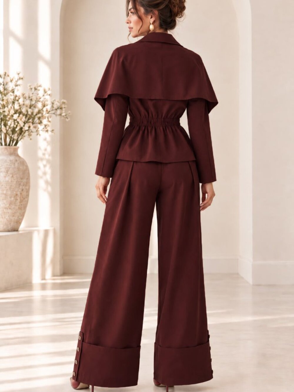 A PEACH Cape Top & Pants Set- Burgundy - Picture 2 of 3
